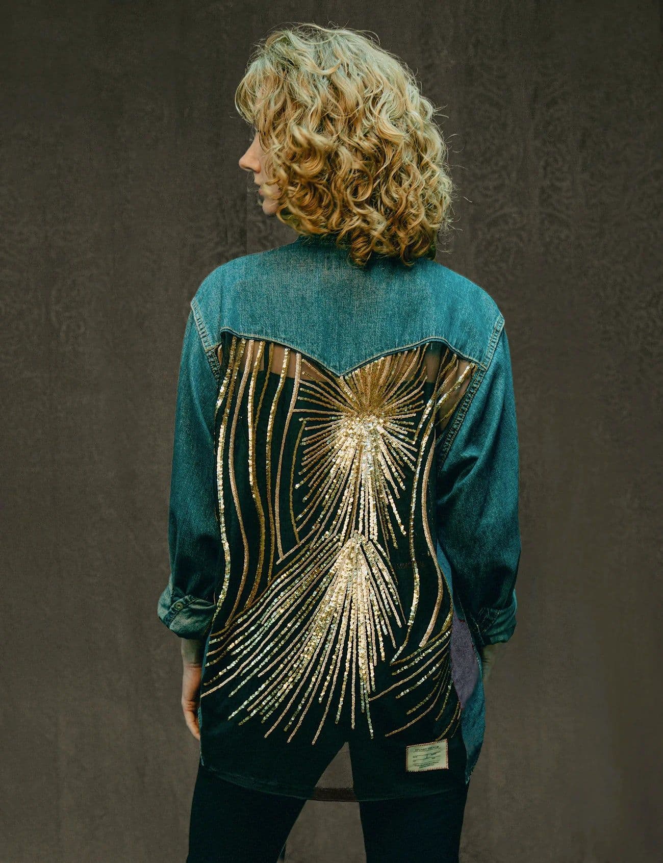 Stuart Trevor Party Back Shirt in gold Art Deco sequin on blue denim